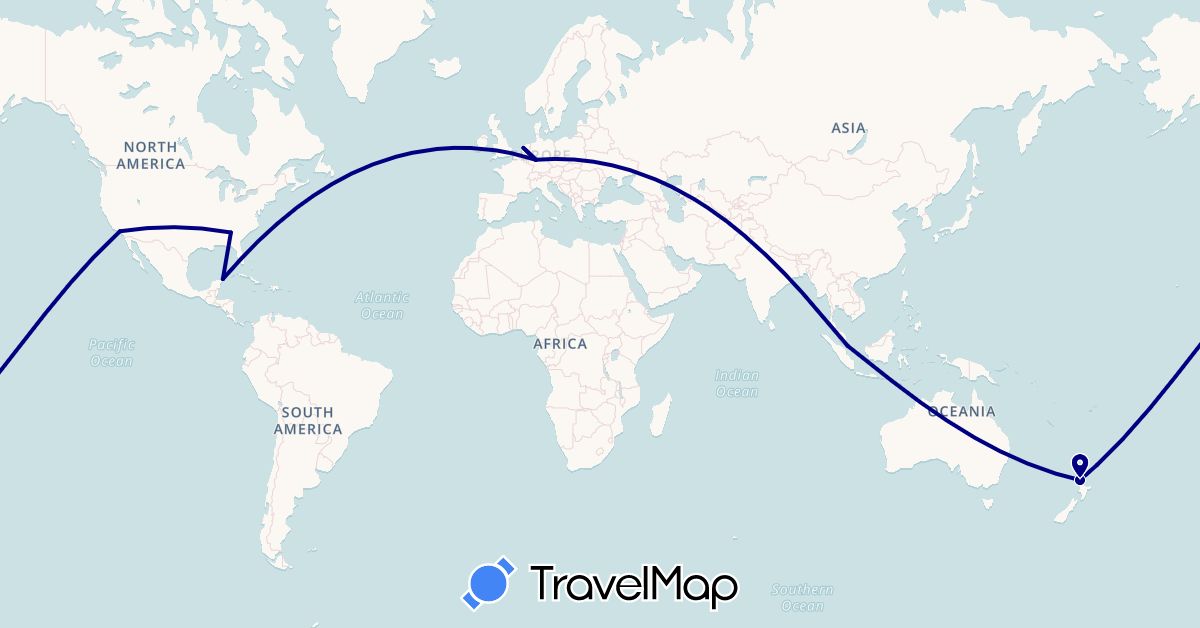 TravelMap itinerary: driving in Germany, Mexico, Netherlands, New Zealand, Singapore, United States (Asia, Europe, North America, Oceania)